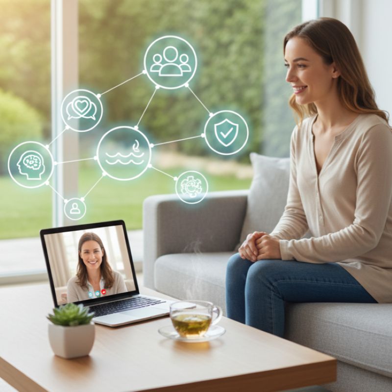 a woman sitting on her couch exploring online therapy with EAP Benefits