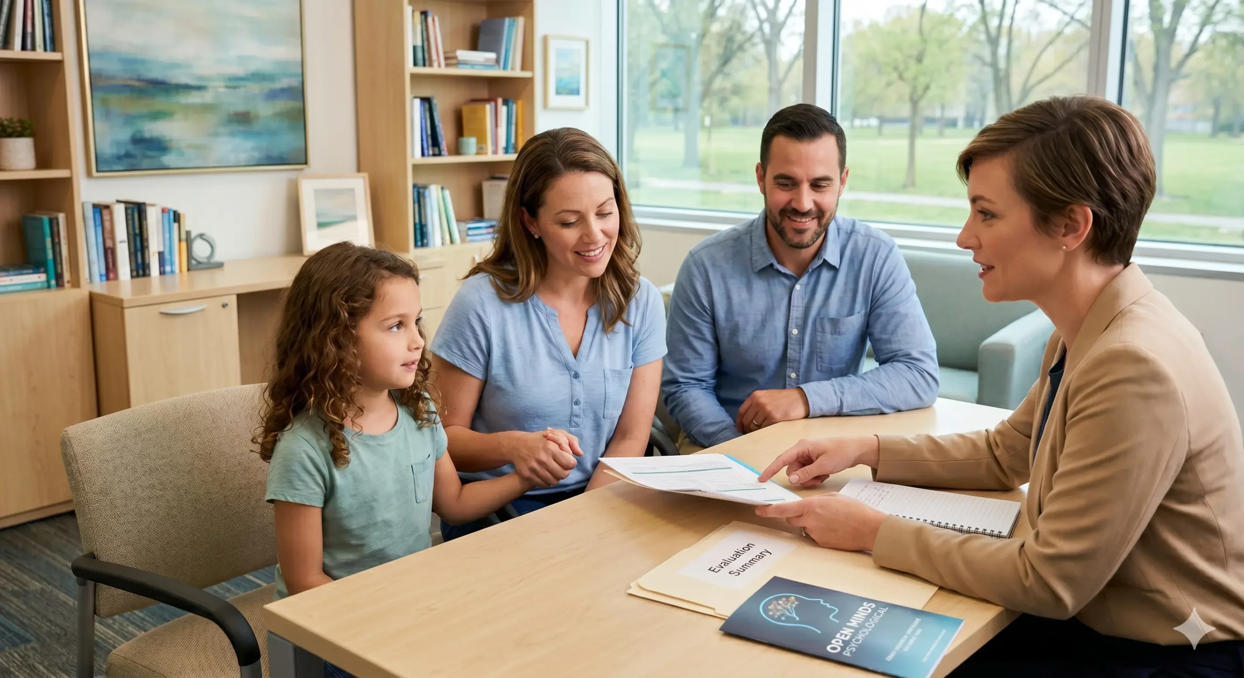 open-minds-psychological-family-evaluation Happy mother scheduling child's psychological assessment on phone at home.
