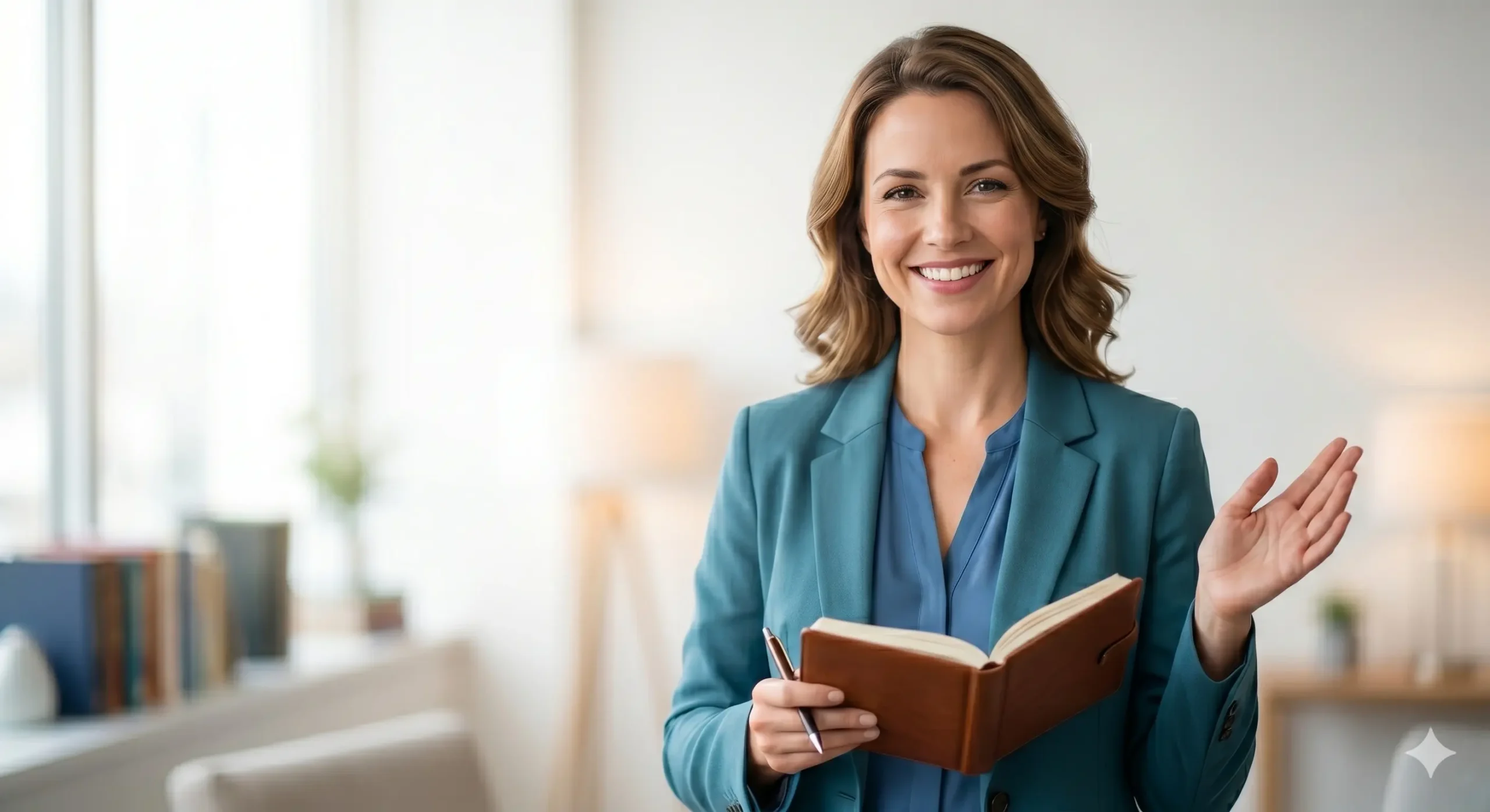 therapist-welcoming-clients-holding-notebook Happy mother scheduling child's psychological assessment on phone at home.
