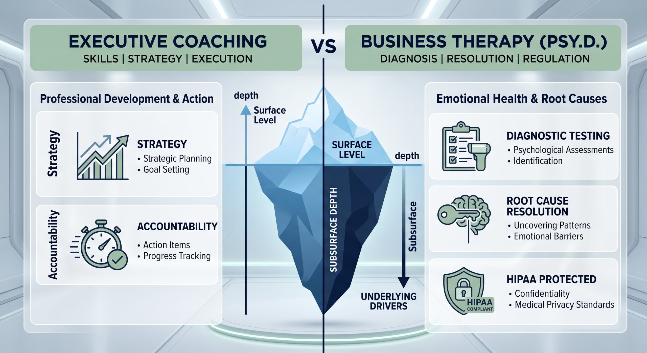An infographic comparison chart showing the boundaries of executive coaching versus clinical business therapy, highlighting diagnostic authority and HIPAA regulations.